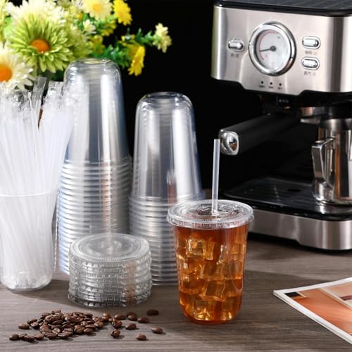 Ziliny 50 Sets Clear Plastic Cups with Lids and Straws, Disposable Iced Coffee Cups Drinking PET for Cold Drinks, Juice, Smoothie, Coffee Shops, Party, Christmas (16 oz,Clear)