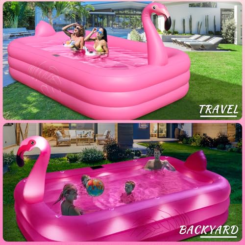 Inflatable Pool with Lights, Solar Flamingo Swimming Pool for Kids,Adults Inflatable Blow up Pool, Large Kiddie Pool,Durable Thickened Kids Pool for Backyard,Outdoor,100"X63"X20"-Bright Pink