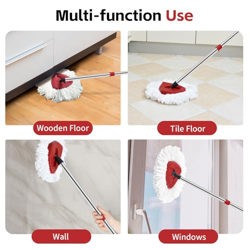 ANREKEYH Spin Mop Head, Base, Handle Replacement for O-Ceda EasyWring Microfiber Spin Mops, 2 Microfiber Mop Refills, 1 Triangle Head Cover and 30-58in Handle Set Combo (White(1 Tank System))