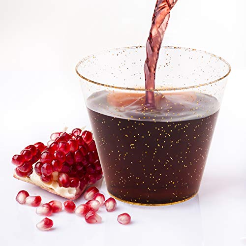 JOLLY CHEF 50 Pack 9 oz Glitter Plastic Cups, Disposable Gold Cups, Clear Plastic Tumblers for Weddings Thanksgiving, Christmas Parties