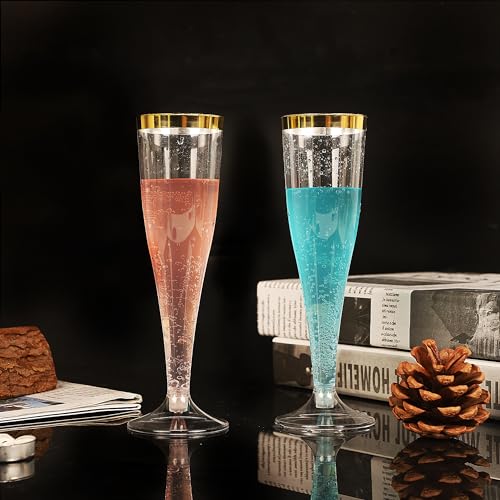 Zcaukya 100 Plastic Champagne Flutes, 4.5oz Clear Disposable Hard Stemware Cups with Golden Rim, Plastic Champagne Glasses for Wedding, Graduation Party, Bridal Shower, Birthday Party