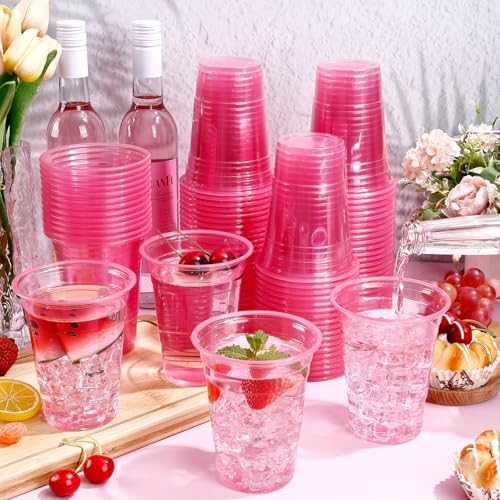 KesaPlan 100 Pack Pink Plastic Party Cups, 16 oz Disposable Wine Glasses, Pink Clear Drinking Cup for Cocktail, Disposable Cups for Birthday Wedding Valentine's Galentine's Day Bachelorette Party