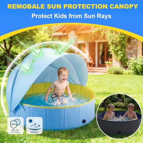 Kiddie Pool with Canopy, Large Foldable Pool with Detachable UPF 50+ Sunshade, 48in Pool Beach Essentials Tent Swimming Pool Dog Pool with Shade, Portable for Outdoor Backyard Beach