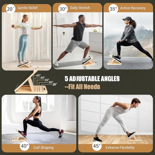 Adjustable 16.5"×12" Wooden Slant Board – 5-Angle Foldable Calf Stretcher & Squat Wedge for Home-Gym, Portable Incline Board, 350 lb Rated