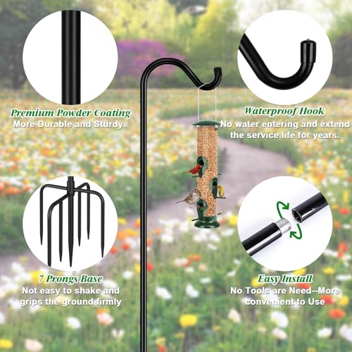 FEED GARDEN 76'' Bird Feeder Pole, Heavy Duty Shepherds Hooks for Outdoor with 7-Prong Base, Adjustable Shepherds Hook for Hummingbird Feeder, Lanterns, Plants, Wedding Decor (1 Pack)