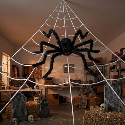 Land Guard 236'' Big Spider Web Halloween Decor+70'' Huge Spider for Roof with Triangular Big Web for on House Outside and Inside