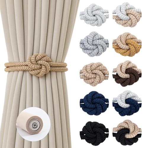 Magnetic Curtain Tiebacks Holdbacks - Wood Tie Backs Rope Holder with Floral Knot Design for No Drill Easy Install, Modern Boho Home Decor (2Pack, Beige)