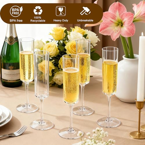 GuanQiao 24-Pack Plastic Champagne Flutes, 6oz Clear Square Disposable Toast Glasses, Heavy Duty Shatterproof Recyclable Wine Glasses for Party Wine Tasting Wedding New Years Eve Party Supplies