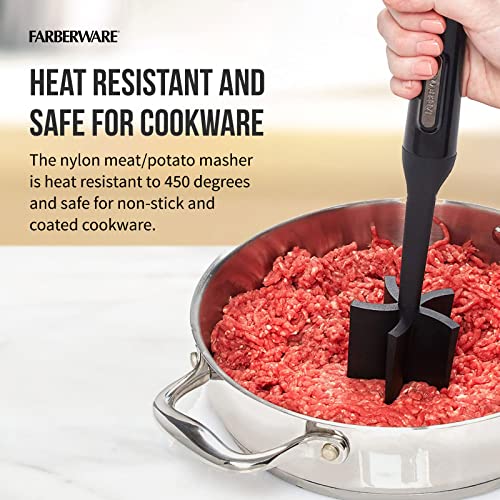 FARBERWARE Nylon Meat and Potato Masher – 5-Blade Ground Meat Chopper, Heat-Resistant to 450°F, Safe for Nonstick Cookware, Ergonomic Handle, 10-Inch, Dishwasher-Safe, Black
