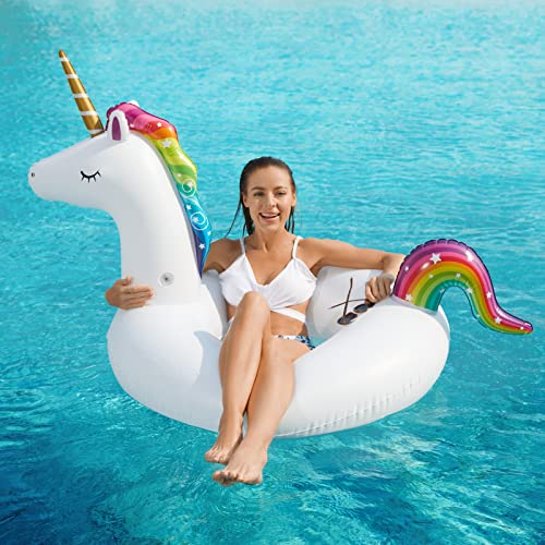 Jasonwell 2 Pack Unicorn Flamingo Pool Floaties - Inflatables Rafts for Swimming, Lake, Beach - Floaty Swim Rings for Adults, Kids