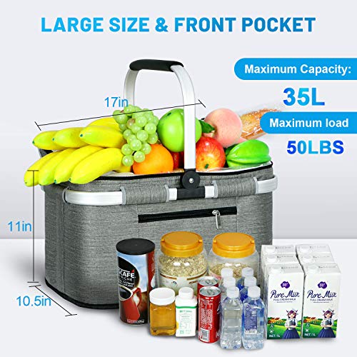 LIQING 35L Large Picnic Basket 2 Layers of Internal Pockets Leak-Proof and Insulated, Folding with Internal Support for enhansed Stability