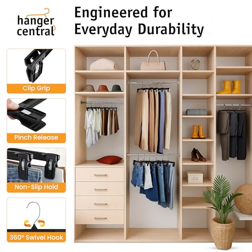 Hanger Central 30 Pack Pants Hangers – 12 Inch Slim Plastic Clothes Hangers with Clips for Skirts, Shorts & Trousers – Non Slip Grip, Heavy Duty Space Saver with Swivel Hook – Black Closet Organizer