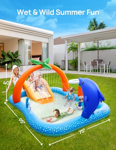 Kiddie Pool with Slide Inflatable Play Center Wading Lounge Kids Pool, Coconut Palm Sprinkler, Water Game Play Center 95''x75''x40'', Blue