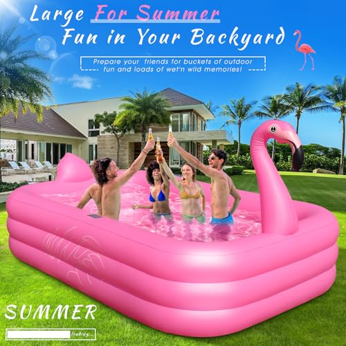 Inflatable Pool with Lights, Solar Flamingo Swimming Pool for Kids,Adults Inflatable Blow up Pool, Large Kiddie Pool,Durable Thickened Kids Pool for Backyard,Outdoor,100"X63"X20"-Bright Pink