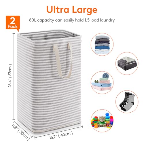 Lifewit 2 Pack Laundry Basket 80L Each, Collapsible Clothes Hamper with Reinforced Handles, Freestanding Waterproof Design for Bedroom and Laundry Room, Grey 160L Total