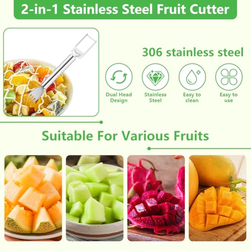 2-in-1 Stainless Steel Fruit Cutter, Watermelon Slicer with Fork, Dual Head Watermelon Fork Slicer Tool for Cubes, Fruit Knife with Round Handle for Home Kitchen, Picnic & Party (1Pack)