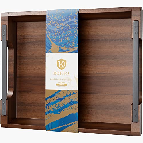 Acacia Wood Serving Tray with Metal Handles, 17x13in Food Drinks Tray for Coffee Table, Breakfast, Dinner & Bar, Rustic Decorative Storage Tray for Ottoman, Kitchen, Elegent Gift for Mom