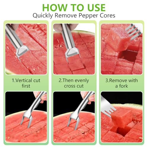 2-in-1 Stainless Steel Fruit Cutter, Watermelon Fork Slicer Tool, Dual Head Watermelon Slicer and Fork for Fruit Cubes, Kitchen Fruit Cutting Tool (1Pack, A)
