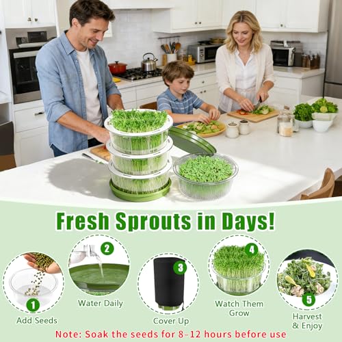 4-Tier Sprouts Growing Kit with Drain Hose & Ventilation Holes, Stackable Microgreens Growing Sprouting Trays Including Blackout Cover, Soil-Free Sprouter for Planting Broccoli Alfalfa Bean Seeds
