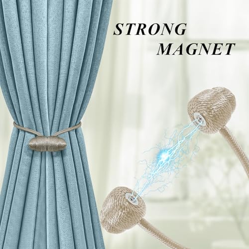 Tifanso Beige Magnetic Curtain Tiebacks - 4pcs Decorative Curtain Tie Backs, No Drill Closure Drapery Tiebacks Holdbacks, Boho Drapes Straps Ropes for Bedroom, Bathroom, Farmhouse Decor