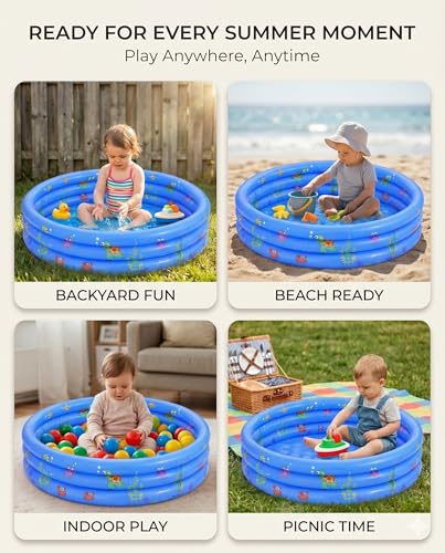 Baby Pool for Toddlers 1-3 with Bubble Bottom, Inflatable Kiddie Pool for Kids with Easy Drain Plug, Small Blow Up Pool for Backyard Summer Water Play, Durable Kids Swimming Pool (Blue)