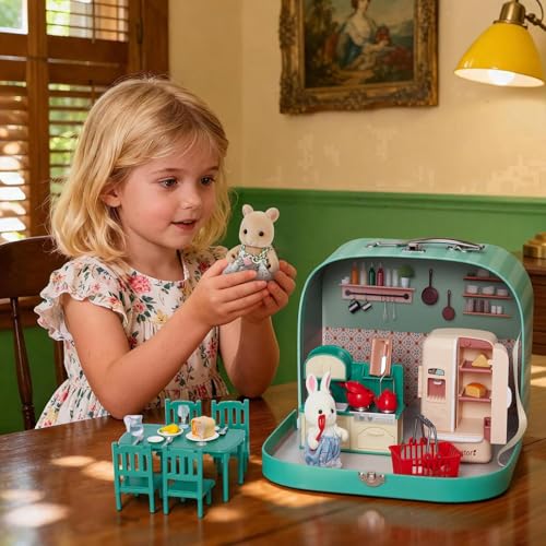 Dollhouse Kitchen Furniture Suitcase Set for Kids, 2 Flexible Dolls/Dining Tble/Kitchenware/Tableware/Refrigerator/Bread, Pretend Play Dollhouse