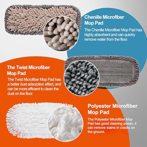 CLEANHOME Mops for Floor Cleaning with 3 Different Washable Pads and Extendable 55” Long Handle, Multifunction Dust Mop for Hardwood,Marble,Tile Floor Mopping,Orange