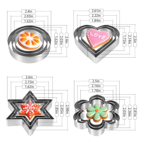 Metal Cookie Cutters Set 12 Pieces, Stainless Steel 3 Heart Cookie Cutters, 3 Star Cookie Cutters, 3 Flower Cookie Cutters, 3 Round Cookie Cutters for Valentine's Day Christmas Holiday