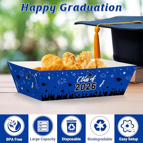 50 Pcs Graduation Decorations 2026, 2 Styles Graduation Food Trays Blue Serving Trays, Congrats Grad Class of 2026 Disposable Paper Plates Easy to Assemble Grad Table Decor Hot Dog for Party Supplies