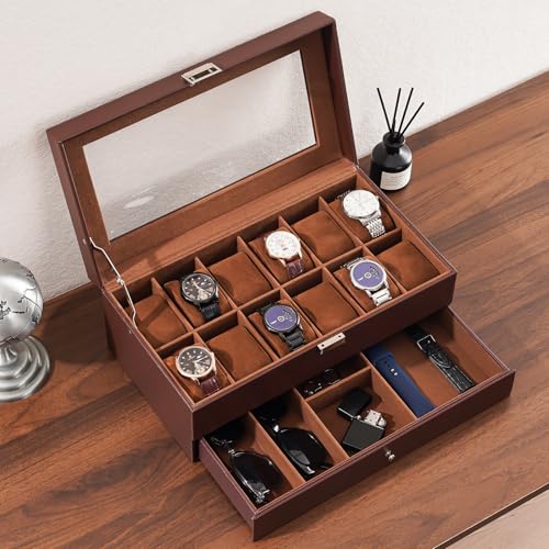 ProCase Watch Box, Fathers Day Gift for Dad, 12 Slot Mens Watch Case With Drawer, 2-Layer Watch Display Case With Glass Lid, Mens Jewelry Box Storage Holder Organizer -12Slot, Espresso