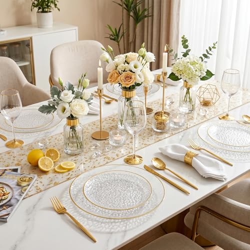 Rubtlamp 60Pcs Clear Plastic Plates,Clear Disposable Plates With Gold Rim,Heavy-duty Gold Plates,Hammered Party Plates Include 30Clear Dessert-Platos,30Dinner-Platos for Wedding, Party