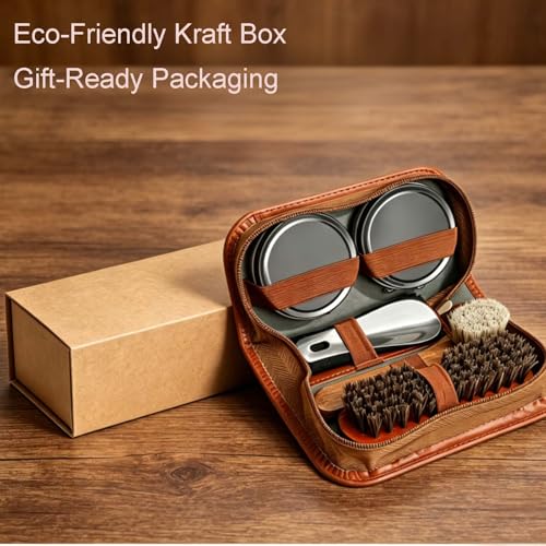 shoe care kit horsehair brush,long-handled round brush,white & black polish,polishing cloth,shoe horn,storage box.