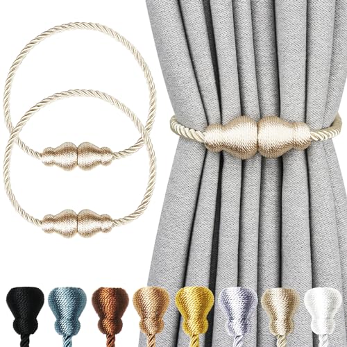 Magnetic Curtain Tiebacks Outdoor Curtain Tie Backs Rope Decorative Magnetic Curtain Holders for Drapes Window Treatment Holdbacks, Beige 2Pack