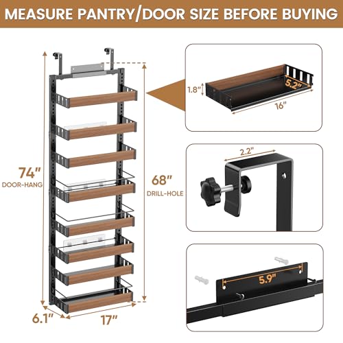 8 Tier Over The Door Pantry Organizer, 2 IN 1 Wall Mount or Hanging Spice Rack Seasoning Shelves with Adjustable Basket