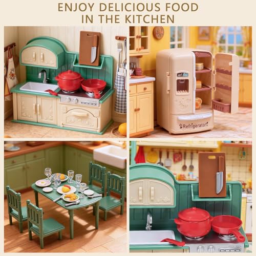 Dollhouse Kitchen Furniture Suitcase Set for Kids, 2 Flexible Dolls/Dining Tble/Kitchenware/Tableware/Refrigerator/Bread, Pretend Play Dollhouse