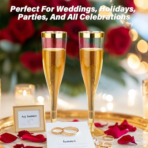Goodluck 36 Pack 6.5 oz Plastic Gold Glitter Champagne Flutes with Gold Rim, Disposable Champagne Toasting Glasses for Wedding, Engagement, Party, Mimosa Bar