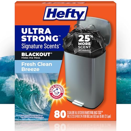 Hefty Ultra Strong Signature Scents 13 Gallon Trash Bags, Fresh Clean Breeze Scent, Tall Kitchen Trash Bags with 25% More Scent Technology, Blackout, 80 Count