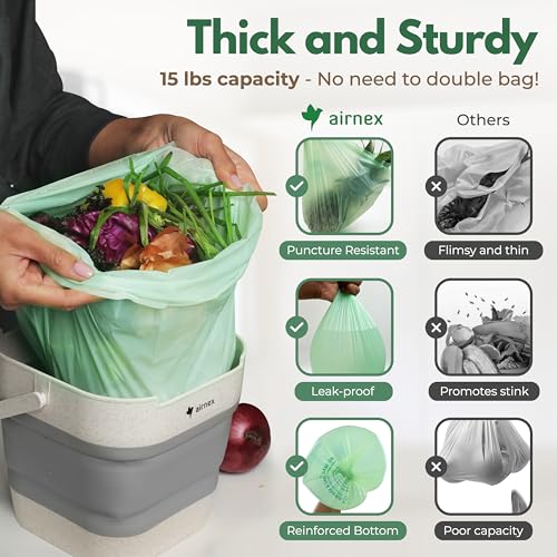 AIRNEX Small Compost Bags 1.6 Gal - 50 Compostable Kitchen Trash Bags for Countertop Bin - Cornstarch Leakproof & Tear-Resistant - OK Compost Home & Seedling Certified 0.18 mm Kitchen Garbage Bags