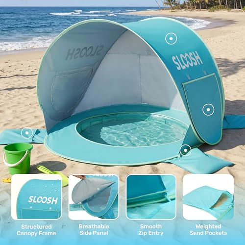 SLOOSH Baby Beach Tent - Pop Up Shade Pool, UPF 50+ UV Protection Sun Shelter for Infant, Portable Beach Pool with Carry Bag, Dual Mesh Side Panels for Toddler Outdoor Travel Camping