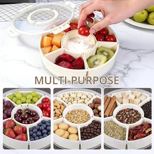 2 Packs Divided Serving Tray with Lid and Handle, Portable Round Snackle Box Container with 6 Compartments, Snack Bento Box for Party, Picnic, Travel, Beige