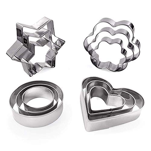 MCIGICM Cookie Cutters Shapes Baking Set, 12PCS Flower Round Heart Star Shape Biscuit Stainless Steel Metal Molds Cutters for Kitchen Baking Halloween Christmas