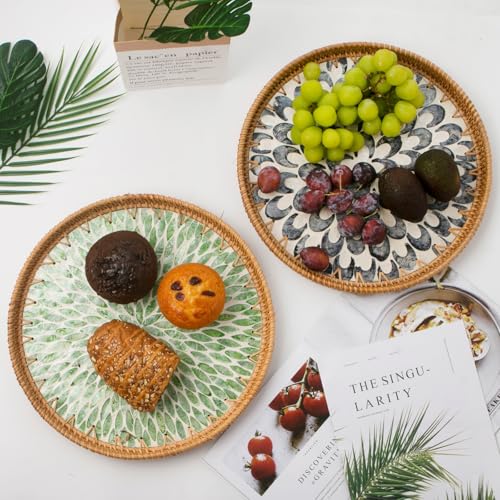 Round Rattan Tray with Mother of Pearl Inlay, Decorative Wicker Serving Tray with Wooden Base, Woven Basket Trays for Bread Fruits Coffee, Leaf
