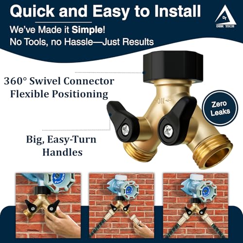 DBR Tech® Heavy Duty 2 Way Hose Splitter (Premium Brass for Superior Durability), Wye Garden Hoses Connector for Water Spigot Faucet Bib Tap, Double Shut Off Valve, Y Adapter, Rust-Resistant Finish
