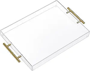 12"x16" Clear Acrylic Serving Tray with Golden Handles, Sturdy Huge Capacity Acrylic Tray for Coffee, Juice, Kitchen and Desk Organizer, Storage Tray (12"x16")