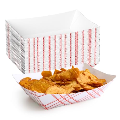ECOLipak 100 Pack 3lb Paper Food Tray Red, Disposable Paper Boats, Food Holder Trays, Serving Boats for Taco Nacho Hot Dog Snack Fries Dessert Popcorn Sauce