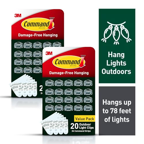 Command Outdoor Light Clips, 40 Clear and 48 Strips, Damage Free Hanging with Weather Resistant Strips, Wall Clips for Hanging Outdoor Lights and