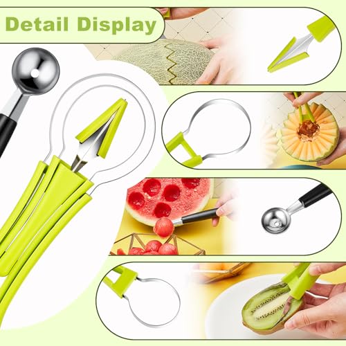 Patelai 2 Pcs Melon Baller Scoop Set 4 in 1 Stainless Steel Fruit Cutters Double Ended Headed Watermelon Scooper and Ice Cream Baller for Dig Pulp Separator Fruit Slicer