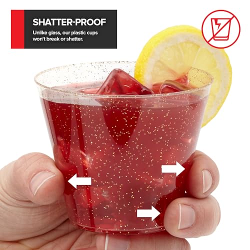 Stock Your Home 9oz Gold Glitter Plastic (50 Pack), Elegant Party Glasses for Birthdays, Weddings and Holidays, Fancy Disposable Cocktail, Clear and Gold, Bulk Wine and Mimosa
