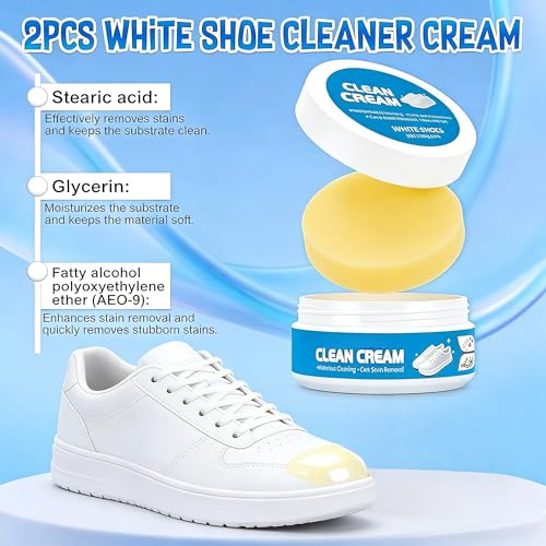 White Shoe Cleaning Cream, 2PCS Shoe Cleaner,Multipurpose No-Wash Solid Comes with Sponge Deep Cleaning, Shoes Clean Cream