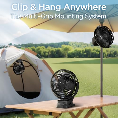 EasyAcc 10000mAh Portable Clip on Fan - 8 inch 37H Working Time Quiet Battery Rechargeable Desk Fan, Strong Airflow, Digital Display, 5 Speeds, Sturdy Clamp Fan for Golf Cart Office Bed Travel Camping